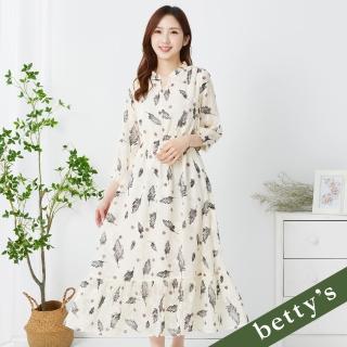 【betty’s 貝蒂思】落葉點點跳色印花雪紡小V領長洋裝(米白)