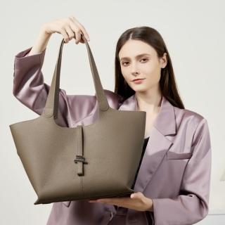 【VEONRA】高階大象灰牛皮真皮多功能大容量手提肩背托特包(子母包/精緻金屬扣飾/質