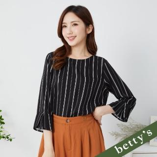 【betty’s 貝蒂思】直條紋袖口開衩壓褶雪紡圓領上衣(黑色)