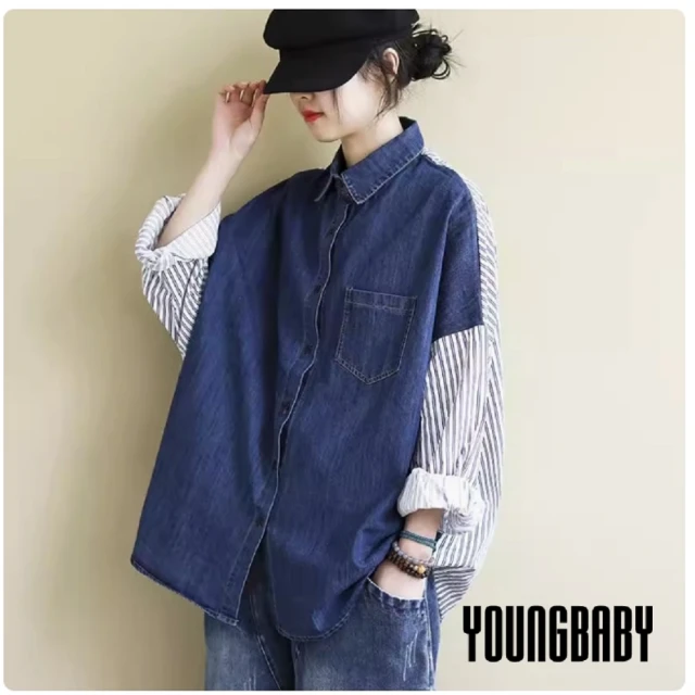 YOUNGBABY 牛仔拼接條紋撞色襯衫 中大尺碼女裝