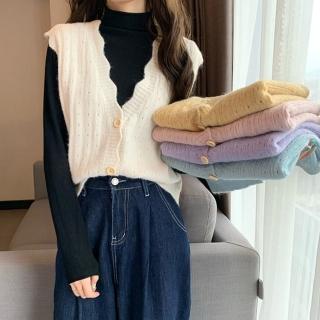 【D.studio】韓版寬鬆波浪邊鏤空針織背心(背心外套針織上衣毛衣女裝衣服保暖上衣冬季女裝高領內搭 J361)