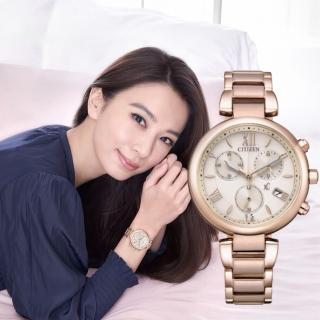 【CITIZEN 星辰】xC系列 田馥甄Hebe廣告款 光動能三眼計時腕錶/櫻花粉紅金35mm(FB1452-58W)