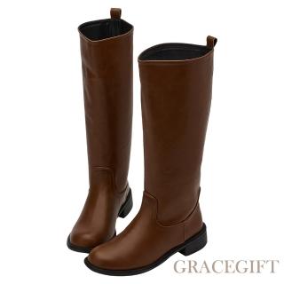 【Grace Gift】復古圓頭仿舊皮革拉環顯瘦長靴(棕)