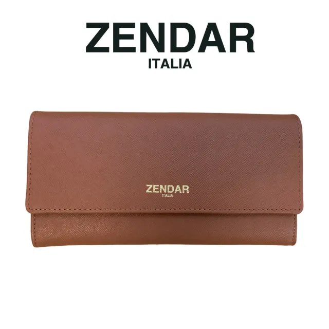 【ZENDAR】頂級小牛皮十字紋翻蓋長夾 米蘭系列(琥珀色 送禮盒提袋)