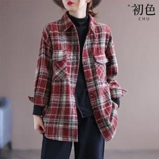 【初色】復古格紋格子翻領排釦長袖毛呢磨毛襯衫上衣女上衣-共2色-32445(M-2XL可選)