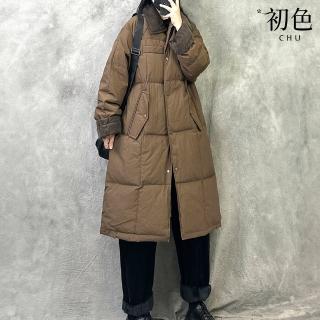 【初色】簡約純色大碼中長款長袖寬鬆直筒保暖羽絨棉服外套女外套-共3色-38800(M-XL可選)