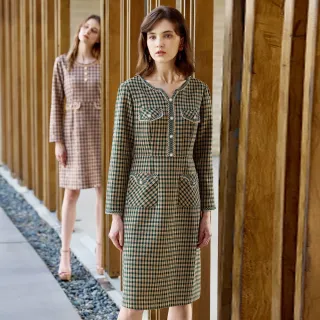 【MYVEGA 麥雪爾】出清品 MA金絲花邊織帶配色格紋長洋裝-駝色