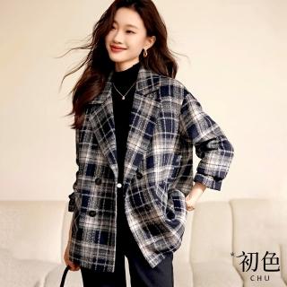 【初色】復古毛呢格子鋪棉時尚西裝大衣長袖外套-藏青色-31339(M-2XL可選)