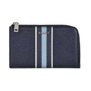 【BALLY】BALLY Bord銀字LOGO拉鍊白藍條紋設計牛皮5卡零錢包(午夜藍x白藍條紋)