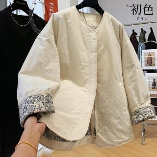 【初色】復古風純色圓領拉鍊口袋飛行員長袖外套女外套-共2色-38803(M-2XL可選)