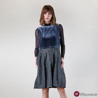 【KeyWear 奇威名品】絨布緹花拼接無袖洋裝