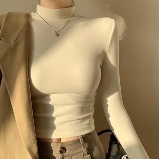 【D.studio】韓版半高領彈性緊身薄內刷毛長袖上衣(女裝衣服長袖t恤保暖上衣冬季女裝發熱衣高領內搭 W546)