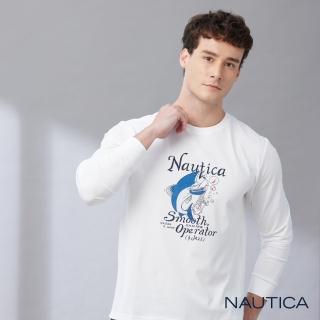 【NAUTICA】男裝 涼感抑菌海鱒魚圖騰長袖T恤(白色)