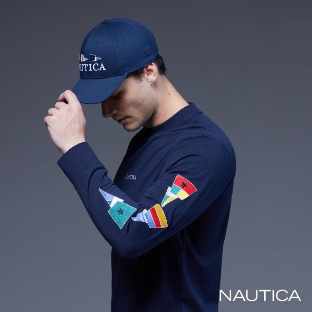 【NAUTICA】男裝 品牌多彩刺繡旗幟長袖T恤(藍色)