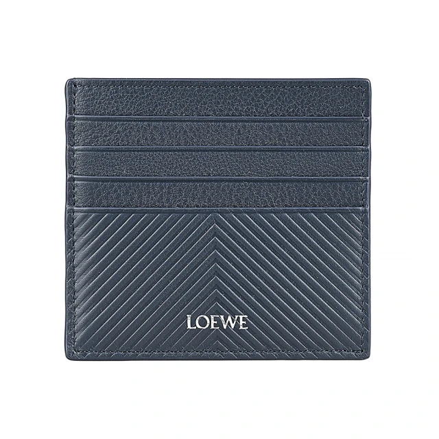 LOEWE 羅威 LOEWE燙銀LOGO小牛皮人字紋圖案8卡開口式卡夾(海軍藍)