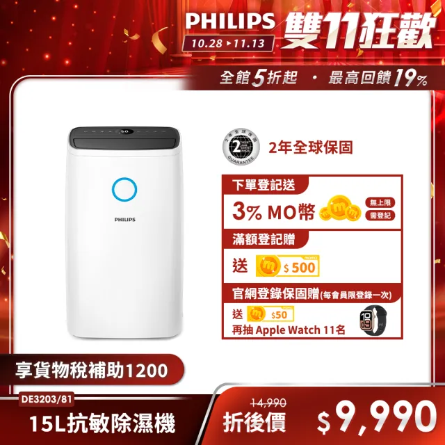 【Philips 飛利浦】15公升★一級能效除溼機(DE3203/81)