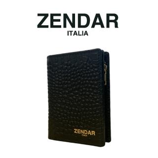 【ZENDAR】臺灣總代理 頂級小牛皮鱷魚紋拉鍊短夾 霏比系列(金剛黑 送禮盒提袋)