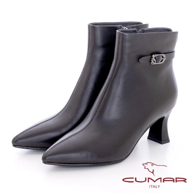 【CUMAR】尖頭簡約皮帶扣裝飾扁跟短靴(黑色)