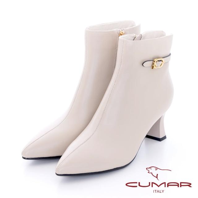 【CUMAR】尖頭簡約皮帶扣裝飾扁跟短靴(米色)