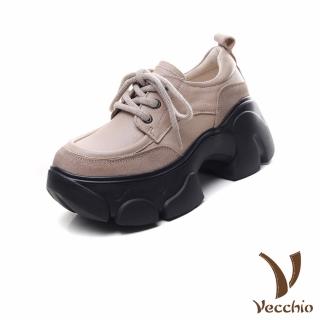 【Vecchio】真皮休閒鞋 厚底休閒鞋/全真皮頭層牛皮鬆糕厚底復古繫帶休閒鞋(杏)