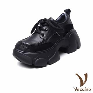 【Vecchio】真皮休閒鞋 厚底休閒鞋/全真皮頭層牛皮鬆糕厚底復古繫帶休閒鞋(黑)