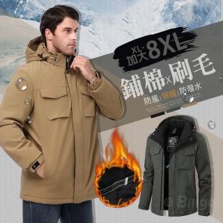 【Billgo】*現貨*XL-8XL大尺碼 130kg可穿!機能刷毛厚連帽外套-3色 美式工裝口袋防風男大衣(超大碼、工裝風)