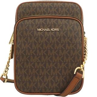 【Michael Kors】JET SET TRAVEL焦糖咖啡PVC滿版LOGO前口袋拉鍊中款直式斜揹包