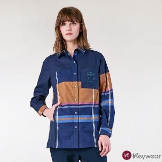 【KeyWear 奇威名品】跳色格紋拼接長袖襯衫