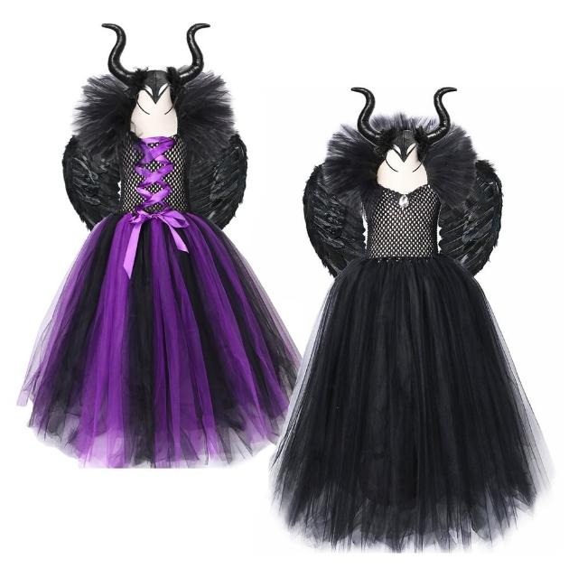 【橘魔法】黑魔女紗裙洋裝+翅膀+髮箍 套裝(萬聖節服裝 造型服 戲劇 表演 角色扮演 女童 大童 兒童 童裝)