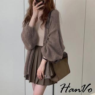 【HanVo】現貨 寬鬆慵懶燈籠袖針織外套(加大尺碼春秋薄款透氣百搭 韓系女裝 女生衣著 A07-4546)