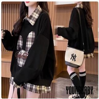 【YOUNGBABY】格紋兔假兩件式學院風領子上衣POLO 中大尺碼女裝
