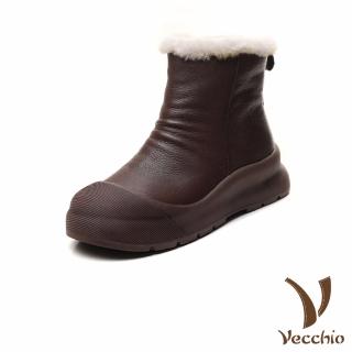 【Vecchio】真皮短靴 厚底短靴/真皮頭層小牛皮保暖絨裡復古厚底短靴(棕)