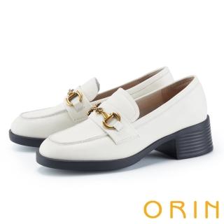 【ORIN】時髦真皮馬銜釦中跟樂福鞋(白色)