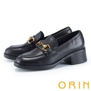 【ORIN】時髦真皮馬銜釦中跟樂福鞋(黑色)