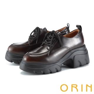 【ORIN】復古漆皮綁帶厚底鋸齒德比鞋(棕色)