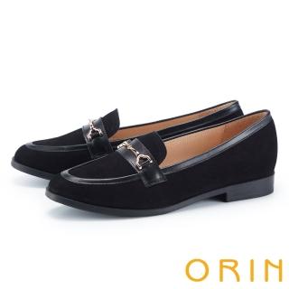 【ORIN】異材質拼接牛皮馬銜釦低跟樂福鞋(黑色)
