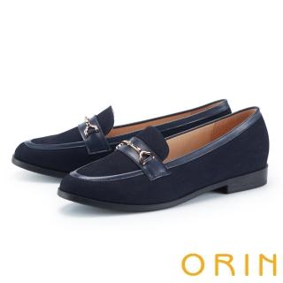 【ORIN】異材質拼接牛皮馬銜釦低跟樂福鞋(藍色)