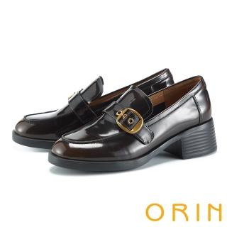 【ORIN】懷舊漆皮皮帶釦中跟樂福鞋(棕色)