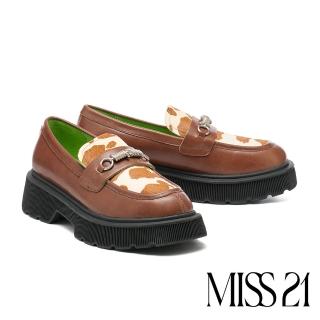 【MISS 21】哞哞學院風牛皮拼接彈簧造型釦樂福厚底鞋(棕)
