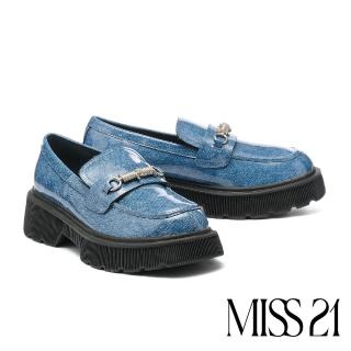 【MISS 21】復古學院風丹寧拼接彈簧釦樂福厚底鞋(藍)