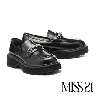 【MISS 21】黑系學院風純色牛油皮彈簧釦樂福厚底鞋(黑)