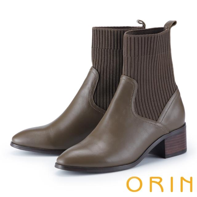 【ORIN】素面異材質拼接襪套中跟短靴(墨綠)