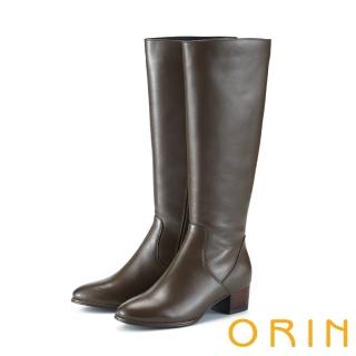 【ORIN】百搭質感素色真皮中跟長靴(咖啡)