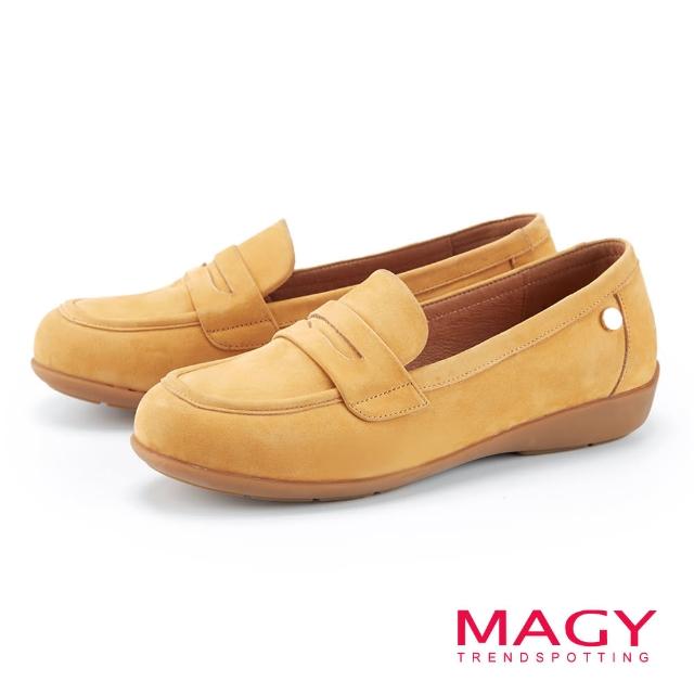 【MAGY】清新率性磨面牛皮平底樂福鞋(黃色)