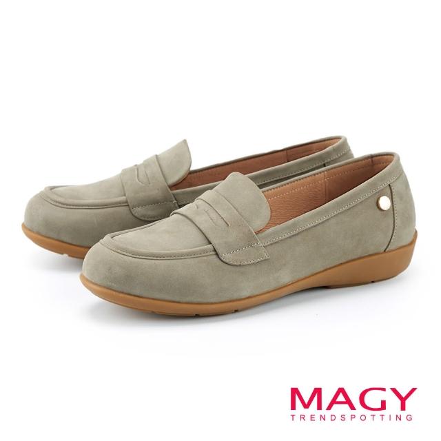 【MAGY】清新率性磨面牛皮平底樂福鞋(灰色)