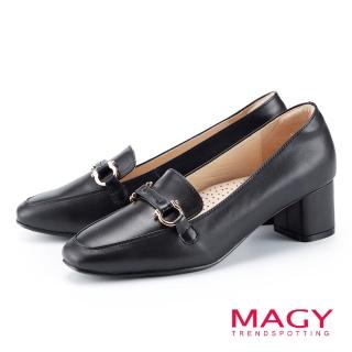 【MAGY】真皮馬銜釦百搭中跟樂福鞋(黑色)