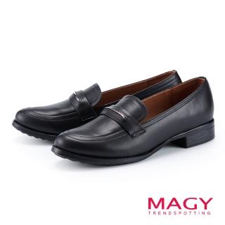 【MAGY】金屬細條真皮樂福粗低跟鞋(黑色)