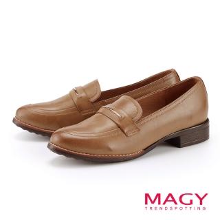 【MAGY】金屬細條真皮樂福粗低跟鞋(棕色)