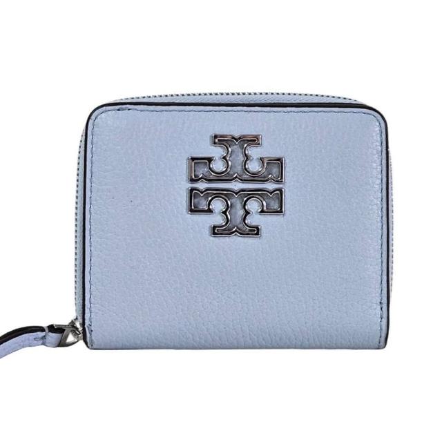 TORY BURCH TB Britten 簍空雙T LOGO荔枝紋拉鍊短夾 天空藍 贈原廠紙袋 母親節送禮