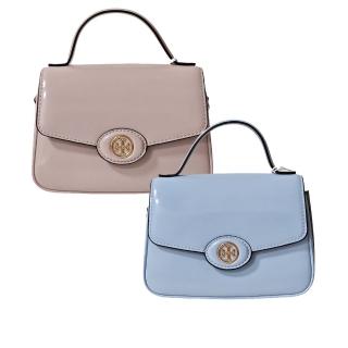 【TORY BURCH】TB Robinson 圓扣漆皮亮面翻蓋手提兩用包(粉嫩色/湖水藍/贈原廠防塵袋紙袋/母親節送禮)